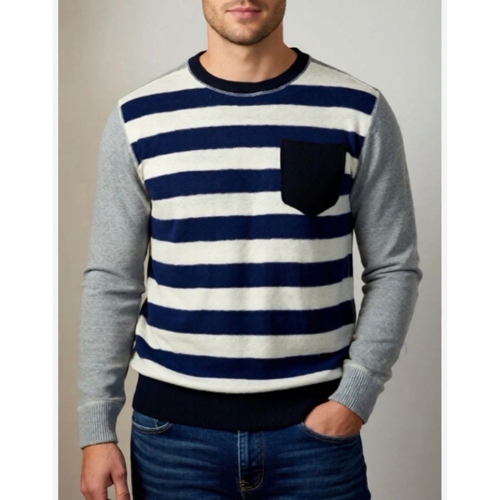 Scotch & Soda Mens‎ Striped Wool Blend Crewneck Sweater Navy Grey Cream Size M